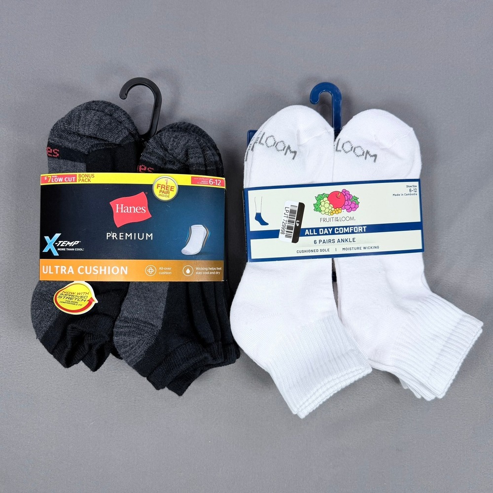 Hanes Fruit of the Loom Mens 6-12 Black White Cotton Blend Ankle Low Cut 13pk